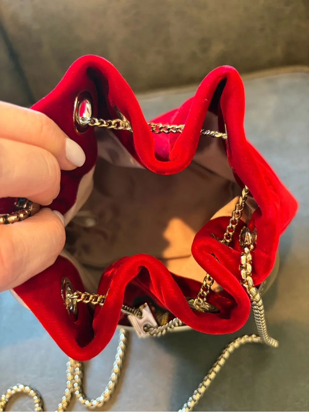 Jimmy Choo Red Velvet Drawstring Satchel with Gold Chain
